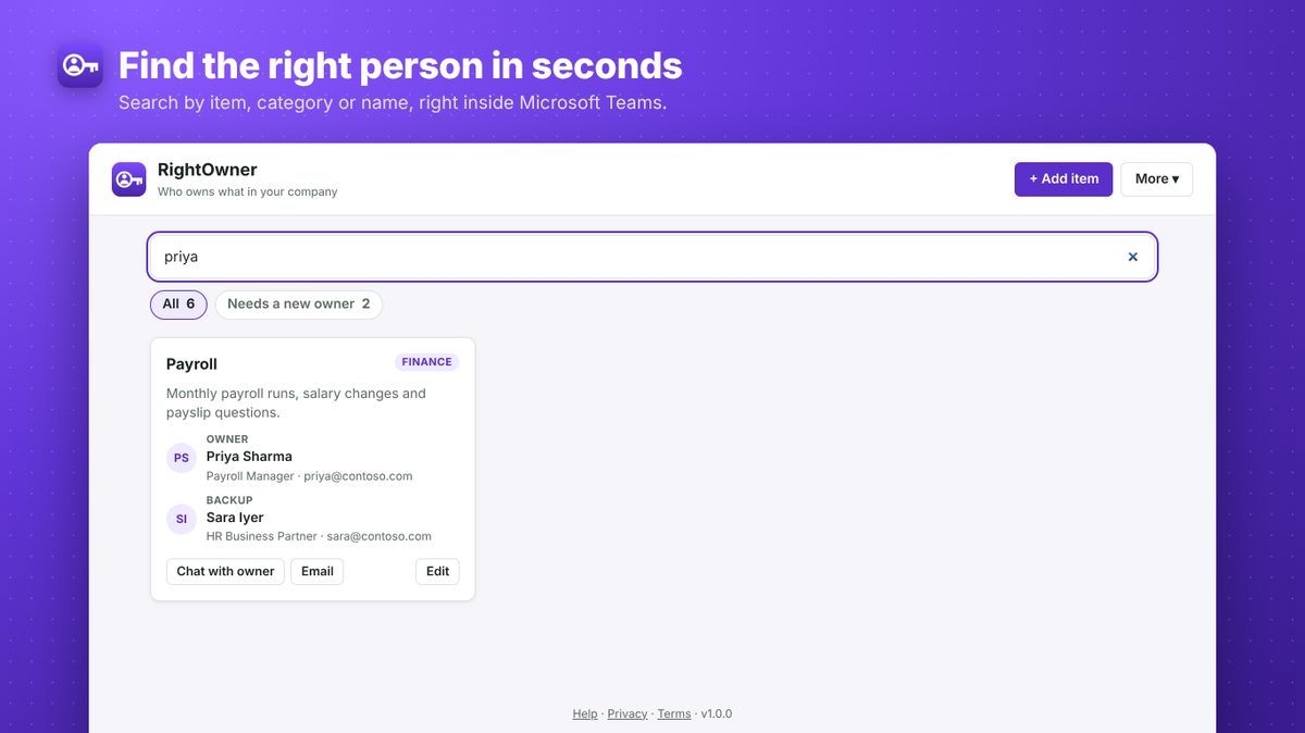 Searching the RightOwner directory in Microsoft Teams